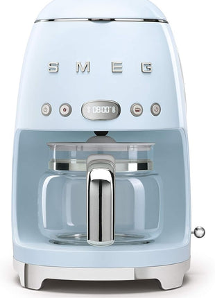 Smeg 50's Retro Style Aesthetic Drip Coffee Machine with 10 Cup Glass Carafe, Auto Start Feature, Keep Warm Plate, and Two Coffee Strength Settings (Pastel Blue)