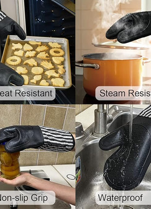 Silicone Oven Mitts Heat Resistant 932℉ with Waterproof & Non-Slip Kitchen Mittens, Set of 2 Extra Long Oven Gloves with Soft Cotton Terry Lining for Baking Cooking Barbecue (2, Black Mitts)
