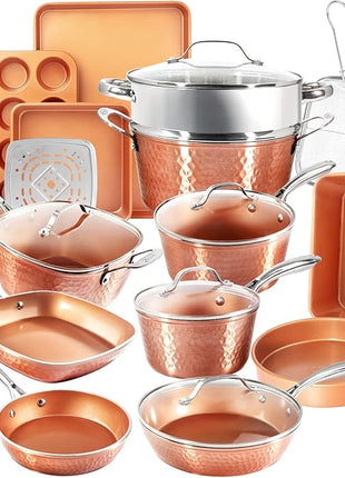 Gotham Steel Hammered 20 Pc Ceramic Cookware Set Nonstick, True Ceramic Pots and Pans Set Non Stick with Deep Square Pan Set & Bakeware Set, Non Toxic PFOA PFOS Free, Oven & Dishwasher Safe