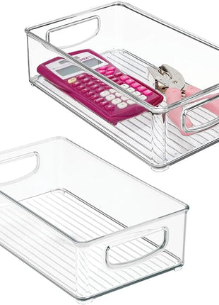 mDesign Small Plastic Office Storage Container Bins w/Handles for Organization in Filing Cabinet, Closet Shelf, Desk Drawers, Organizer for Notes, Pens, Pencils - Ligne Collection, 2 Pack - Clear