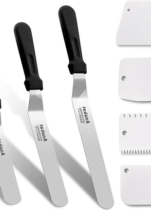 Anaeat Icing Spatula, 3 Pieces Professional Angled Offset Frosting Spatulas with 6", 8", 10" Stainless Steel Blades & 4 Pack Cake Smoother Scraper for Cake Decorating, Baking & Pastry (Set of 7)