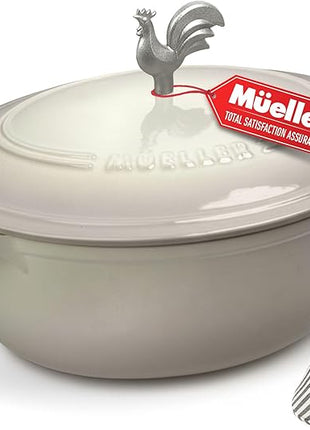 MUELLER HOME 5.5 Quart Enameled Cast Iron Oval Dutch Oven with Rooster Knob & Cotton Potholders, Heavy-Duty Cookware, Oven-Safe up to 500° F & Across All Cooktops, Gifts for Grandma & Women, White