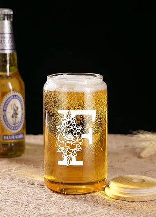 Coolife Initial Glass Cup, Monogrammed Gifts for Women, 16 oz Glass Cups w/Lids Straws, Iced Coffee Smoothie Beer Tumbler w/Straw Lid - Personalized Christmas, Birthday Gifts for Her Mom Friend Woman