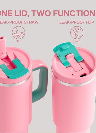 40 oz Tumbler with Handle and Straw: Stainless Steel Insulated Tumbler Keeps Cold for 24 Hours, Leakproof Travel Cup Fits in Cup Holder and BPA-Free,Tulip