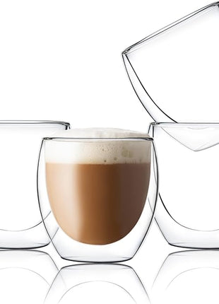 CNGLASS Double Wall Glass Espresso Cups 8.5oz,Insulated Clear Coffee Cup Set of 4