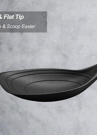 Large Silicone Cooking Spoon, Non-Stick Solid Spoon set with Deep Bolw and Measurement Mark for Mixing, Serving, Draining, Scooping, Scraping, Heat Resistant Kitchen Utensils, Black