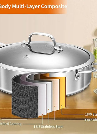 DELARLO Tri-Ply Stainless Steel 10 Inch Deep Frying Pan 3QT Saute Pan With Lid, Induction Compatible Chef Cooking Pan with lid, Dishwasher & Oven Safe