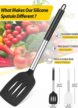 Pack of 2 Silicone Solid Turner, Non Stick Slotted Kitchen Spatulas, High Heat Resistant BPA Free Cooking Utensils, Ideal Cookware for Fish, Eggs, Pancakes(Black-White)