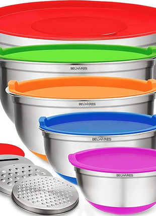 Belwares Mixing Bowls with Lids Set of 5 - Stainless Steel Nesting Bowls with Non-Slip Silicone Bottoms, Airtight Lids & 3 Grater Attachments Kitchen Baking Bowls for Food Prep & Storage (Colorful)