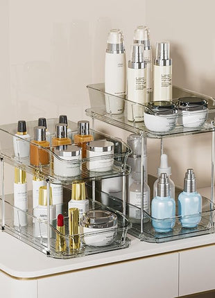 Delamu 2-Tier Under Sink Organizers and Storage, Multi-Purpose Stackable Bathroom Cabinet Organizers, Pull Out Kitchen Pantry Organization and Storage with Dividers(2 Pack, Grey)