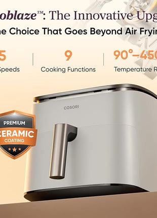 Cosori 9-in-1 TurboBlaze Air Fryer 6 Qt, Premium Ceramic Coating, 90°–450°F, Precise Heating for Even Results, Air Fry, Roast, Bake, Broil, Dry, Frozen, Proof, Reheat, Keep Warm, 120V, Light Gray