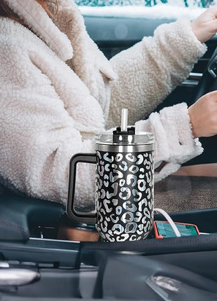 40 oz Tumbler with Handle and Straw, 100% Leak-Proof Travel Mug, Stainless Steel Double Wall Vacuum Insulated Coffee Cup Keeps Cold For 34 Hours, Dishwasher Safe, Black Leopard