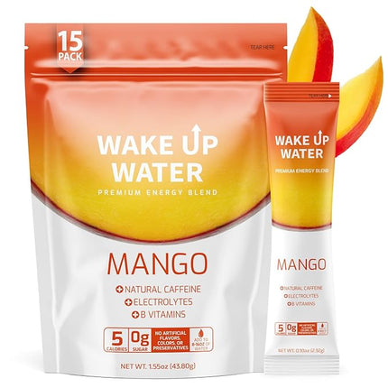 Wake Up Water Energy Drink Mix, Sugar Free Clean Energy Powder with Electrolytes & B Vitamins, Natural Caffeine for Focus & Hydration (15 Pack) - Mango