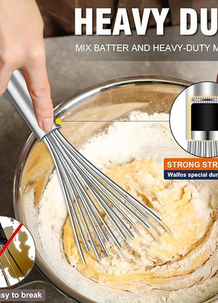 Walfos Whisk,304 Stainless Steel whisk,No-Rust 7+9+11inch Whisks for cooking Nice for Blending,Whisking,Beating.Heat resistant 600°F Dishwasher Safe. Heavy duty kitchen whisk.17.7+22.8+27.9cm -SILVER