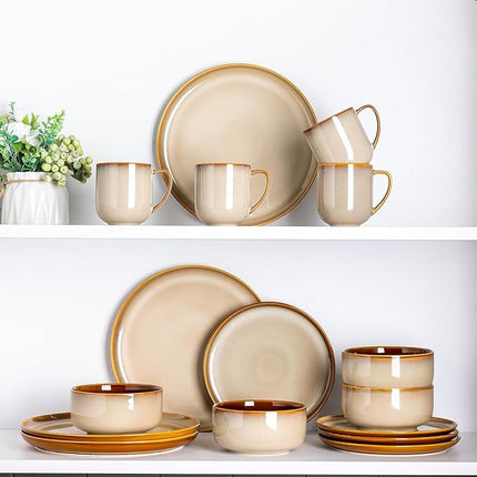 LERATIO Ceramic Dinnerware Sets for 8,Plates and Bowls Sets,Reactive Glaze Dishes Set,Highly Chip and Crack Resistant | Dishwasher & Microwave & Oven Safe Dishes set,Service for 8-Kahki (24pc)