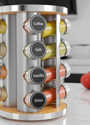 New England Stories Revolving Spice Rack Set with 16 Spice Jars, Kitchen Spice Tower Organizer for Countertop or Cabinet - Carousel Storage Includes 386 Spice Labels