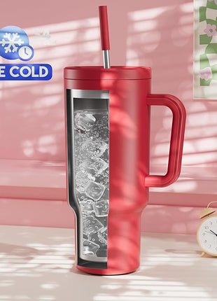 Meoky 40 oz Tumbler with Handle and Straw: Stainless Steel Insulated Tumbler with Lid and Straw - 100% Leak Proof Tumbler for Car Cup Holders - Travelers Commuters Workers, Red