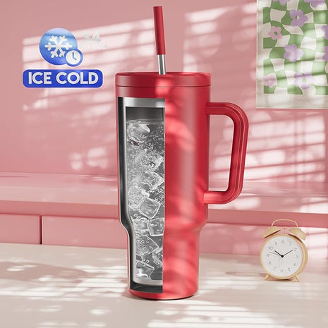 Meoky 40 oz Tumbler with Handle and Straw: Stainless Steel Insulated Tumbler with Lid and Straw - 100% Leak Proof Tumbler for Car Cup Holders - Travelers Commuters Workers, Red