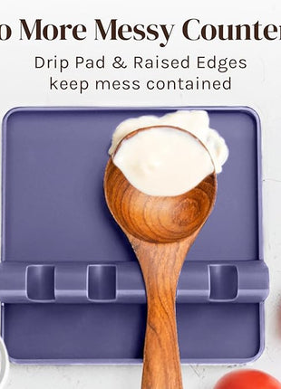 Silicone Spoon Rest for Stove Top with Drip Pad (Two Pack) - Heat Resistant BPA Free Utensil Rest & Spoon Holder for Kitchen Counter - Grill Utensil Holder - Spatula Holder, Tongs, Ladle - Purple