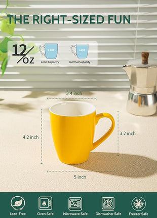 Sweese Porcelain Mugs - 12 Ounce for Coffee, Tea, Mocha and Mulled Drinks - Set of 6, Hot Assorted Colors