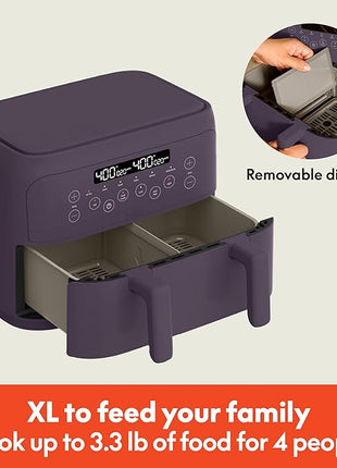 bella 4 Qt TriZone Air Fryer, EverGood™ Ceramic Nonstick Coating, Dual Basket Design w Removable Divider, Digital Touchscreen Control w 6 Preset Cooking Options, 1200 Watt, 3lb Capacity, Plum
