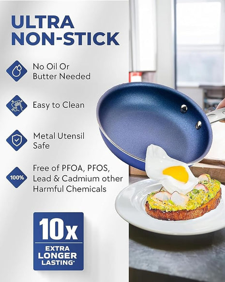 Granitestone Blue 12 Inch XL Non Stick Frying Pan Skillet with Mineral and Diamond Triple Coated Surface for Long Lasting Nonstick Frying Pan for Cooking, Metal Utensil/Oven/Dishwasher Safe