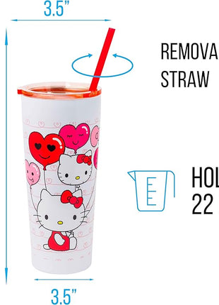 Silver Buffalo Hello Kitty Heart Balloons Double Walled Stainless Steel Tumbler with Straw, 22 Ounces