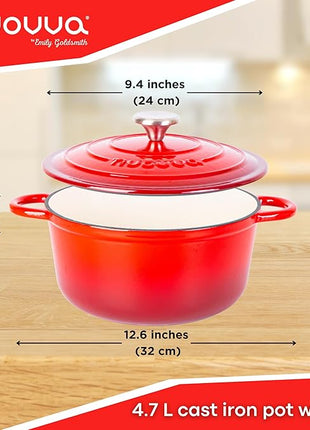 Cast Iron Pot with Lid – Non-Stick Ovenproof Enamelled Casserole Pot, Oven Safe up to 500° F – Sturdy Dutch Oven Cookware – Red, 5-Quart, 24cm – by Nuovva