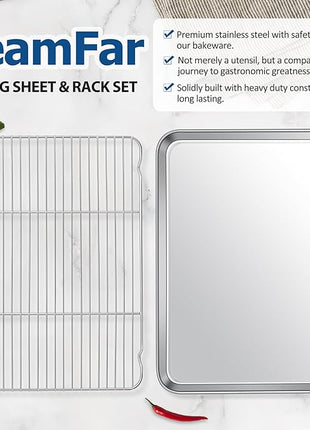 TeamFar Baking Sheet with Rack Set, Stainless Steel Baking Pan Cookie Sheet with Cooling Rack, Size 17.6 x 13 x 1inch, Non Toxic & Heavy Duty, Easy Clean & Dishwasher Safe