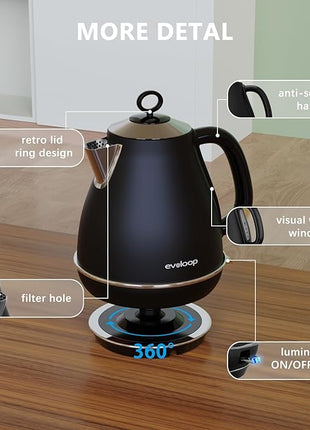 Evoloop 1.7L Electric Kettles, BPA Free Tea Kettle, Hot Water Boiler Heater, Stainless Steel Teapot, Auto Shut-Off & Boil-Dry Protection, 120V/1500W (Black)