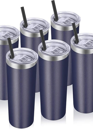 VEGOND Stainless Steel Tumblers Bulk 6 Pack, 20 oz Vacuum Insulated Skinny Tumblers with Lid and Straw, Double Wall Coffee Mug, Travel Water Cup, Navy Blue