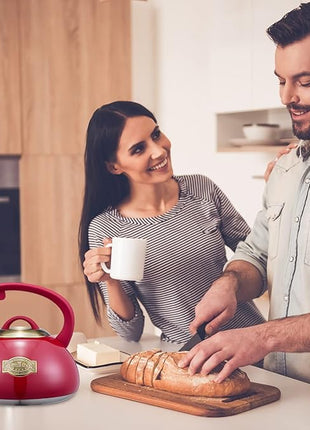 Whistling Tea Kettle Stainless Steel Teapot, Teakettle for Stovetop Induction Stove Top, Fast Boiling Heat Water Tea Pot 2.5 Quart(Red)