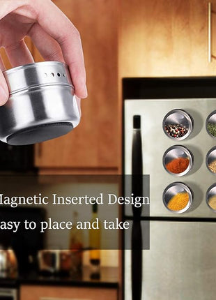 Beeyoka Magnetic Spice Jars,12 Pcs Stainless Steel Spice Tins with Lid and Small Holes for Sprinkle Rust Free Easy to Clean Includes 94 Labeling Stickers