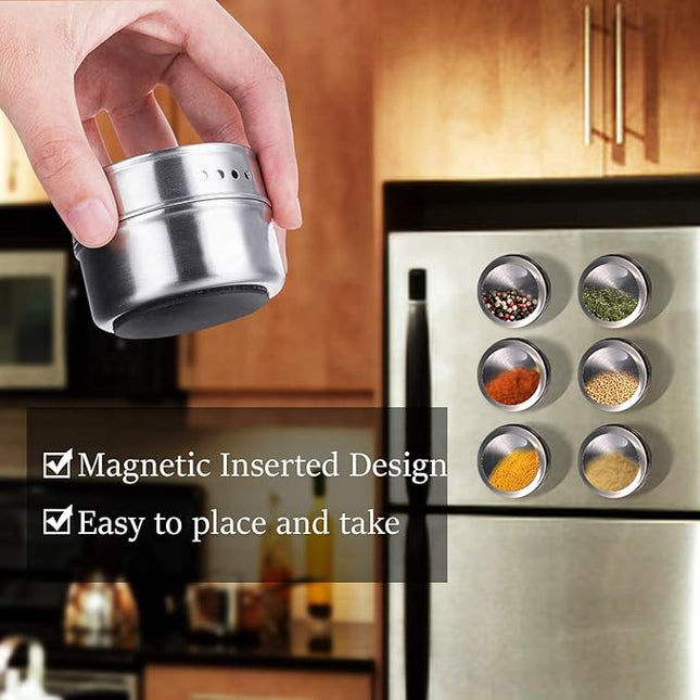 Upgrade Magnetic Spice Jars 12pcs with Wall Mounted,Stainless Steel Spice Tins with Lid and Small Holes for Sprinkle Rust Free Easy to Clean Includes 94 Labeling Stickers by Beeyoka