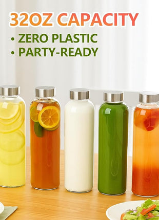 Zukro Glass Water Bottles with Lids 32 oz, 3 Pack Reusable Large Juice Bottles With Stainless Steel Airtight Cap for Juicing, Leak Proof Clear Drinking Jar Beverage storage container, BPA Free