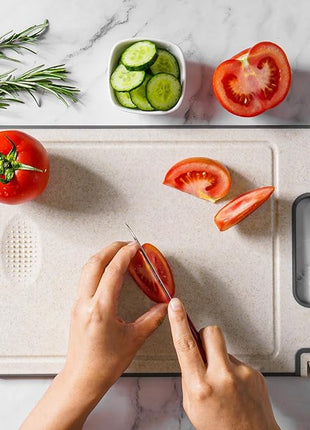 Titanium Cutting Board Double Sided for Kitchen,Knife Sharpener & Garlic Grater Wheat Straw + PP with Juice Groove Large Chopping Board（15×10In） Kitchen Necessities for Home