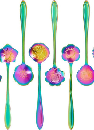 Chengu 8 Pieces Flower Coffee Tea Spoons Stainless Steel Sugar Spoons Tea Party Flower Fancy Tableware Set Stir Bar Creative Stirring Teaspoon, 8 Different Patterns(Rainbow Color)