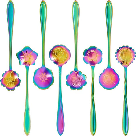 Chengu 8 Pieces Flower Coffee Tea Spoons Stainless Steel Sugar Spoons Tea Party Flower Fancy Tableware Set Stir Bar Creative Stirring Teaspoon, 8 Different Patterns(Rainbow Color)