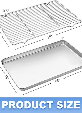 Baking Sheet with Wire Rack Set (1 Baking Pan + 1 Cooling Rack), 16 x 12 x 1 Inch Stainless Steel Cookie Sheet Pan Toaster Oven Tray with Rack, Non-stick & Dishwasher Safe