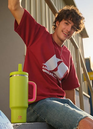 ENCOOL 40 oz Tumbler with Handle and Straw: Stainless Steel Insulated Tumbler Keeps Cold for 24 Hours, Leakproof Travel Cup Fits in Cup Holder and BPA-Free,Acid Green
