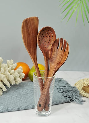 GreyWooden Kitchen Utensil Set, 6Pcs Wooden Cooking Utensils for Non-Stick Pan, 100% Natural Teak Wooden Spatula
