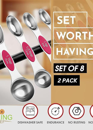 Spring Chef Magnetic Measuring Spoons Set, Dual Sided, Stainless Steel, Fits in Spice Jars, Pink, Set of 8, 2 Pack