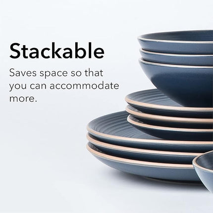 RINGAR Round Stoneware 16pc Dinnerware Set of 4, Dinner Plates, Side Plates, Cereal Bowls, Mugs - Speckle Matte Blue (428051)