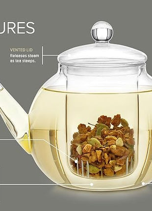 Teabloom Stovetop & Microwave Safe Glass Teapot with Removable Loose Tea Glass Infuser – Includes 2 Blooming Teas – 2-in-1 Tea Kettle and Tea Maker – Tea Purist's Choice