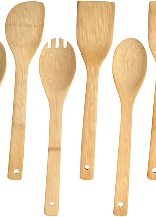 HANSGO Bamboo Wooden Spoons for Cooking 6-Piece, Nonstick Bamboo Kitchen Utensils Set Wood Spatulas Spoons for Daily Use, Housewarming Gifts