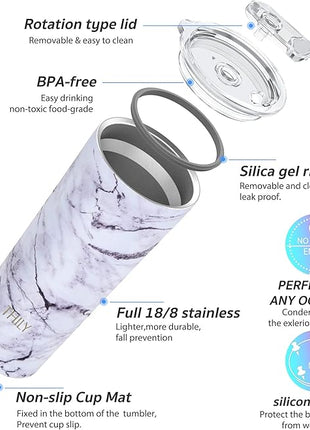 THILY Stainless Steel Vacuum Insulated Tumbler 26 oz Triple-Insulated Travel Mug with Splash-Proof Lid, for Iced Coffee and Hot Beverage, White Marble + Black Marble