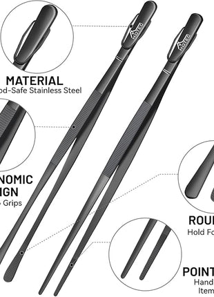 HOTEC Kitchen Tweezers Tongs Stainless Steel Professional Chef Tweezers, Set of 2-12inch Extra-Long Food Tongs for Cooking,Grill and Baking