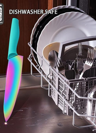 Marco Almond Kitchen Knife Set, KYA37 12-Piece Rainbow Titanium Stainless Steel Boxed Knives Set for Kitchen with Covers, 6 Knives with 6 Blade Guards