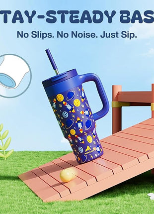 24 oz Stainless Steel Tumbler for Children: Durable Handle, Easy to Clean, Straw Gulp Lid, Car Cup Holder Friendly, Insulated Cup for Sport, Hiking, Carry, Adventures, Bag, Classroom (Space Rocket)