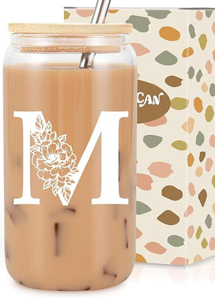 Coolife Initial Glass Cup, Monogrammed Gifts for Women, 16 oz Glass Cups w/Lids Straws, Iced Coffee Smoothie Beer Tumbler w/Straw Lid - Personalized Christmas, Birthday Gifts for Her Mom Friend Woman